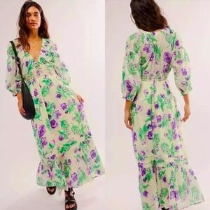 Free People Golden Hour Maxi Dress | Floral Boho V-Neck | Size Small